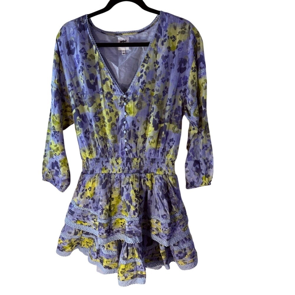 Aerie Rock and Ruffle Blue and Yellow Lace Trim Mini Dress Size M Long Sleeve‎